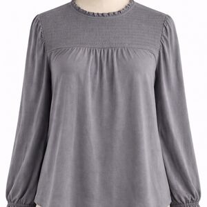 Lucky Brand Gray Smocked Boho Blouse Medium Ruffle Long Sleeve Top